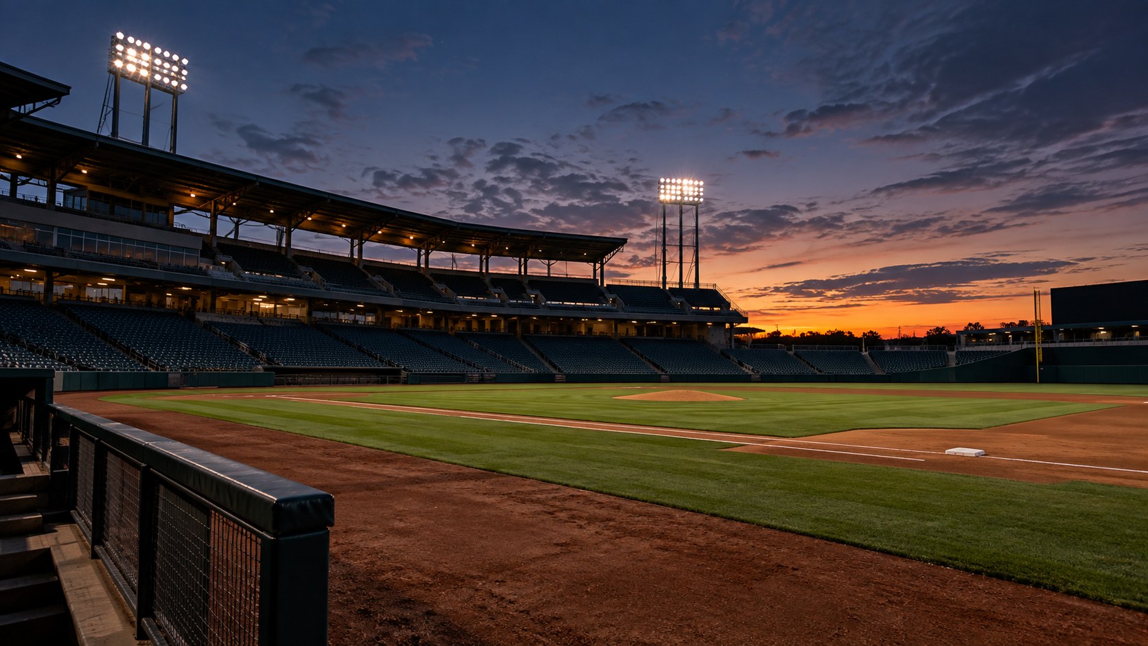 A quiet baseball stadium under the lights at dusk